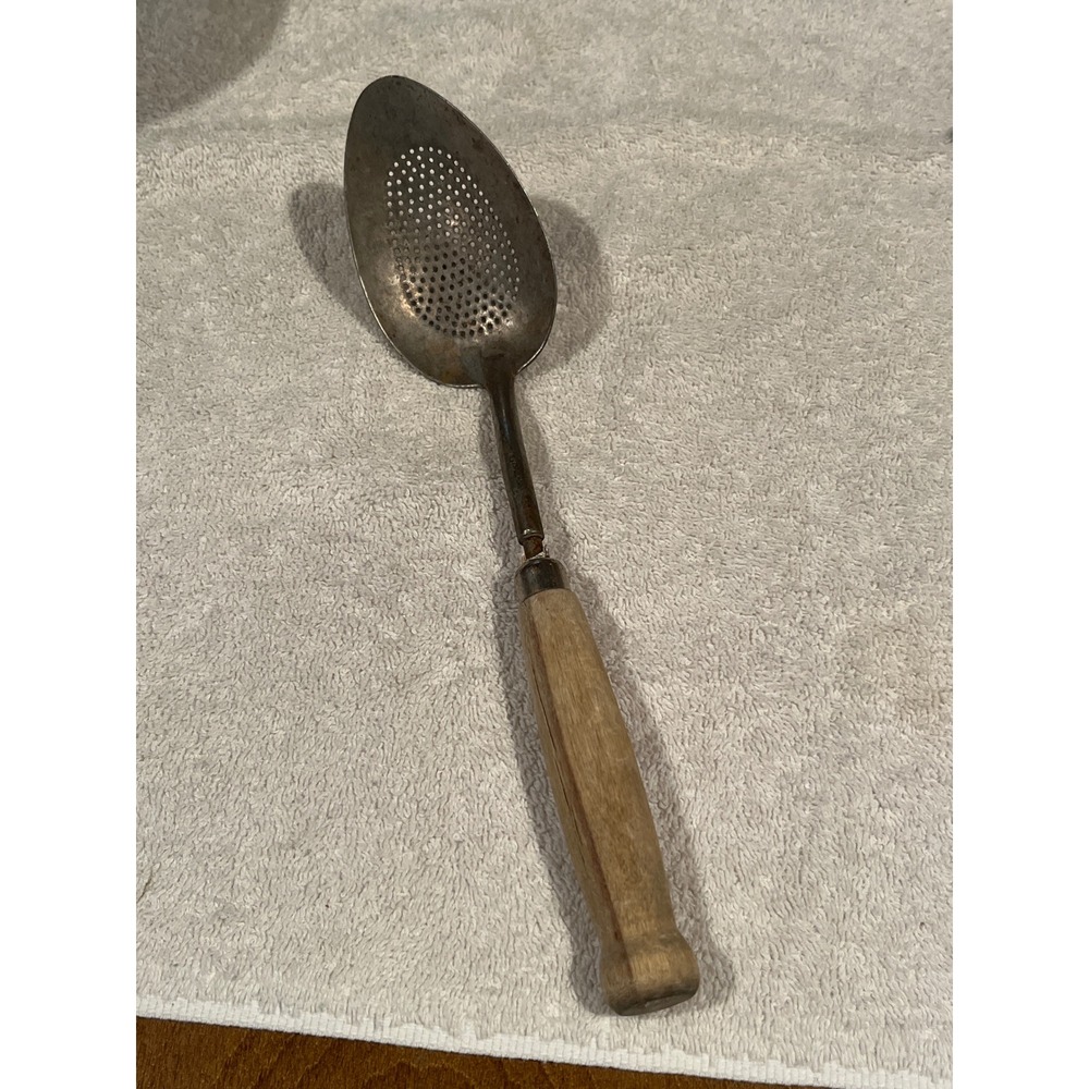Vintage Perforated Skimmer Spoon Primitive Wooden Handle Rustic Kitchen Tool
